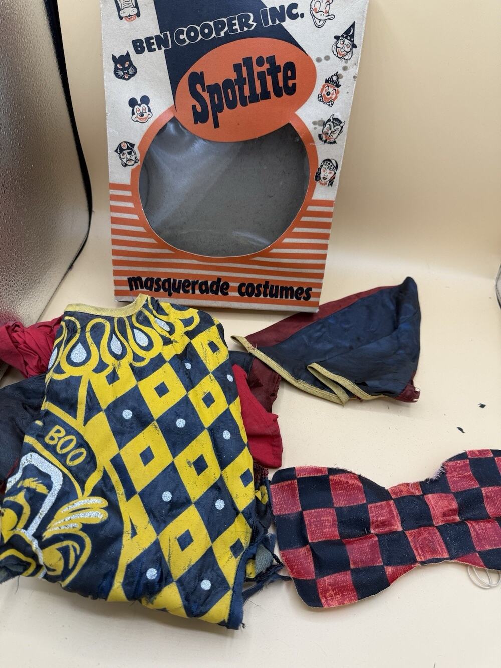 Vintage Ben Cooper Spotlite Clown Costume Box Hat Bow Tie AS IS Damaged